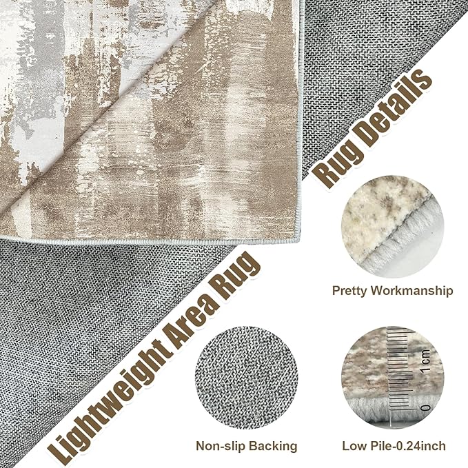 Washable Rug Low Pile Modern Bedroom Area Rug 8x10 Non-Slip Backing Home Decor No Shedding Lightweight Abstract Large Carpet for Dining Room Living Room Office, Brown