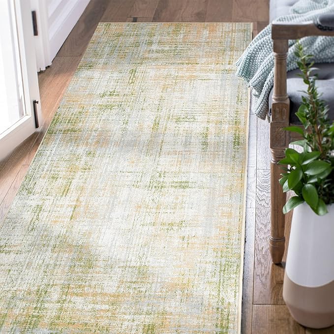 jinchan Runner Rug 2x10 Hallway Abstract Sketch Distressed Washable Kitchen Rug Green Multi Print Colorful Overdyed Chenille Thin Rug Contemporary Carpet for Bathroom Laundry Room Bedroom Living Room