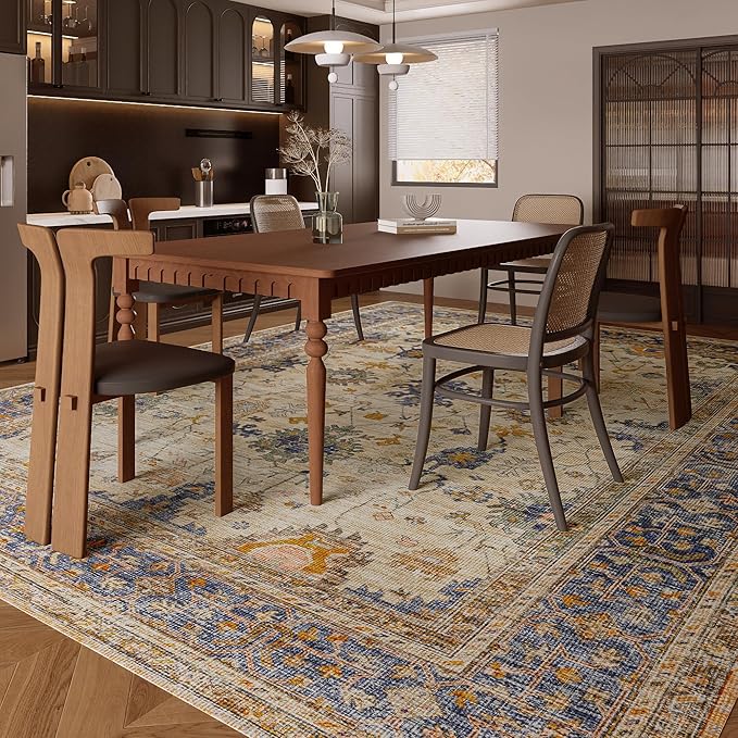 8x10 Rug, Washable Neutral Boho Modern Vintage Non Slip Floral Area Rugs, Low Pile Soft Rugs, Area Rugs, Slip Resistance Carpet, Pet-Friendly Carpet, Durable Rug for Living Room, Bedroom