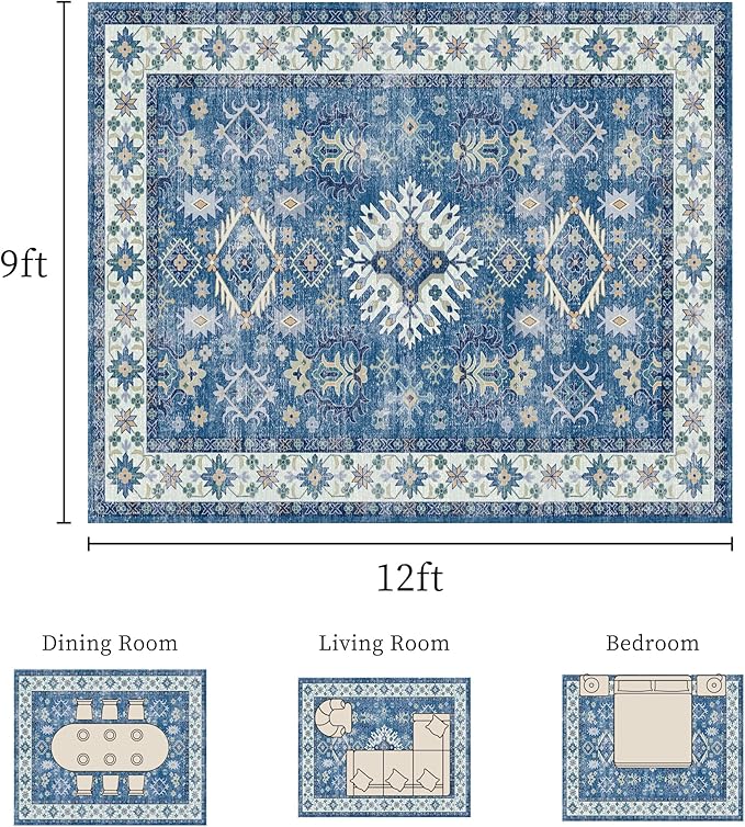 9x12 Rug, Washable Neutral Boho Modern Vintage Non Slip Floral Area Carpet, Low Pile Soft Rugs, Slip Resistance, Pet-Friendly, Durable Rug for Living Room, Bedroom, Kitchen, Dining Room