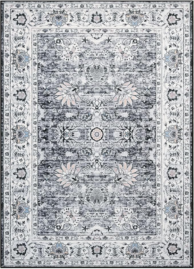 Washable Area Rug 4x6, Non-Slip Vintage Floral Rug Low Pile Stain Resistant Chenille Throw Carpet for Living Room Bedroom Kitchen Dining Room Dorm Farmhouse Boho Home Decor (Grey)