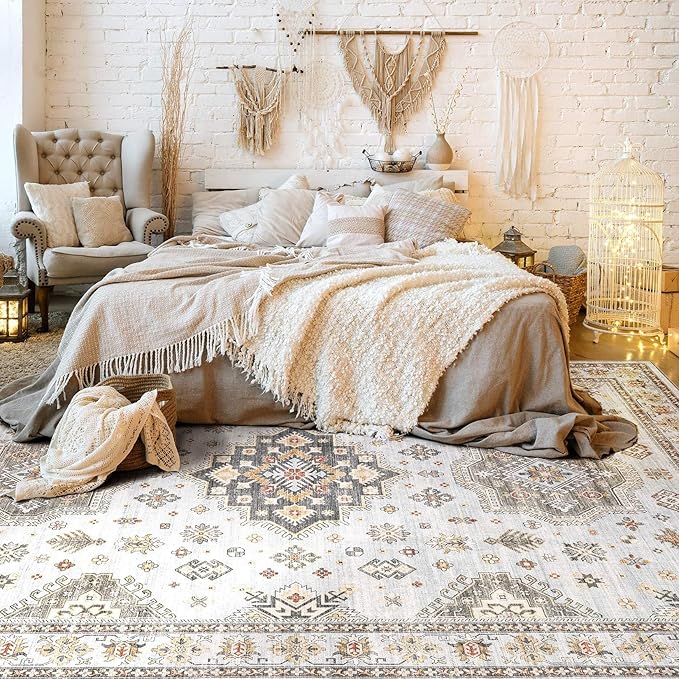 Washable Area Rugs for Living Room -10x14 Neutral Vintage Distressed Floral Farmhouse Boho Large Soft Floor Rug Indoor Non Slip Carpet for Living Room Bedroom Dining Room Office-Blue Brown