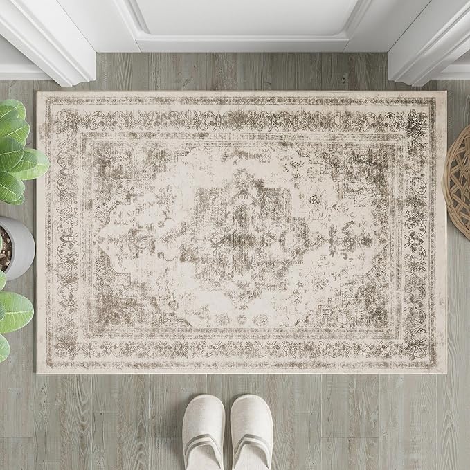 Area Rug 2x3 Washable Taupe Rug Vintage Boho Medallion Entryway Door Mat Entrance Distressed Retro Carpet Non Slip Low Pile Small Soft Doormat for Kitchen Bedroom Laundry Bathroom Hallway