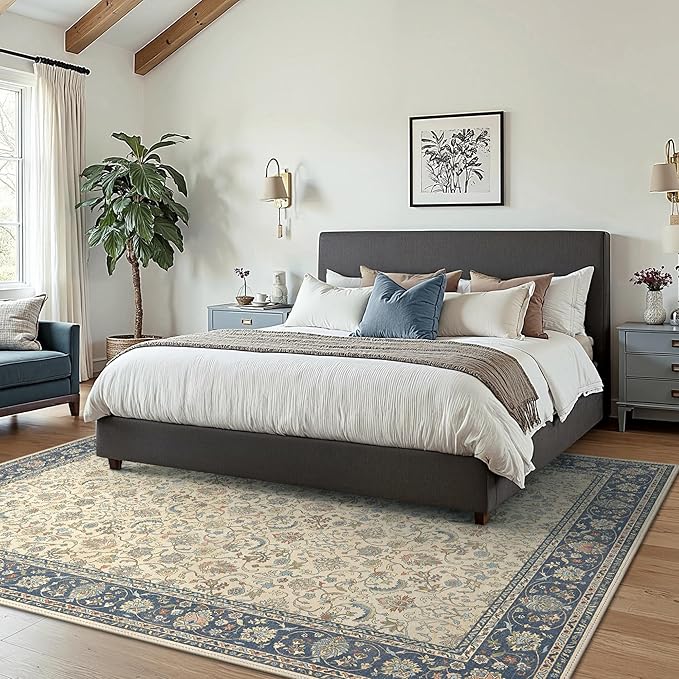8X10 Area Rugs Machine Washable Rugs for Living Room, Vintage Boho Large Rugs for Bedroom Dining Room, Non Slip Indoor Soft Distressed Lightweight Thin Low Pile Carpet, Ivory Navy Blue