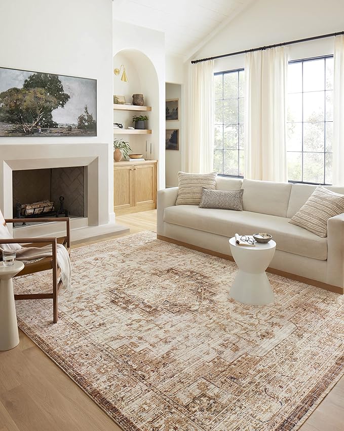 Loloi Sorrento Collection 7'-10" x 7'-10" Round Accent Rug in Mocha/Multi - Vintage Inspired Patterned Area Rug, Unique Area Rug for Living Room, Bedroom, Dining Area