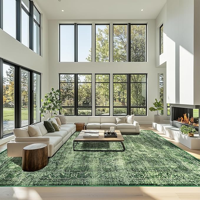 9x12 ft Washable Area Rug, Non-Slip, Green Boho Indoor/Outdoor Rug for Living Room, Patio, and More – Durable, Versatile Area Rugs for Home & Garden