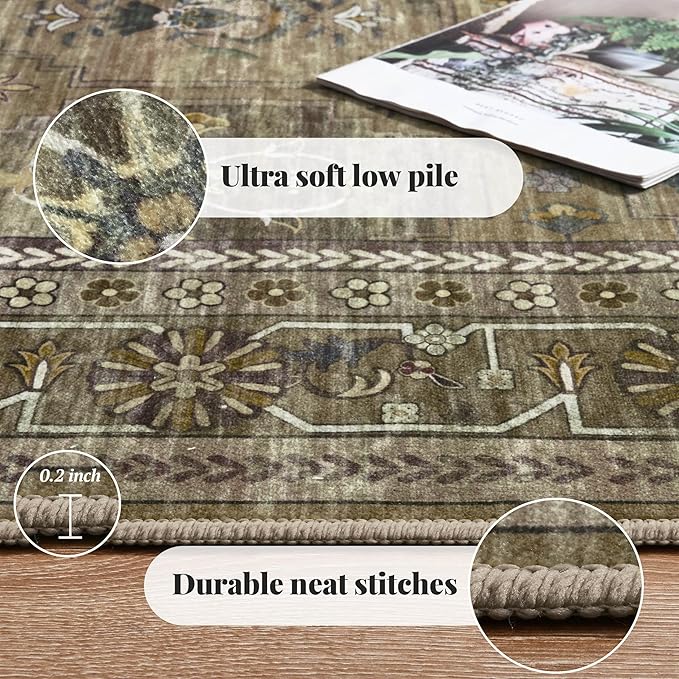 4x6 Area Rug for Bedroom Machine Washable, Non Slip Vintage Floral Kitchen Rugs for Dining Room, Low Pile Indoor Floor Print Carpet for Nursery Farmhouse Home Office Olive/Charcoal