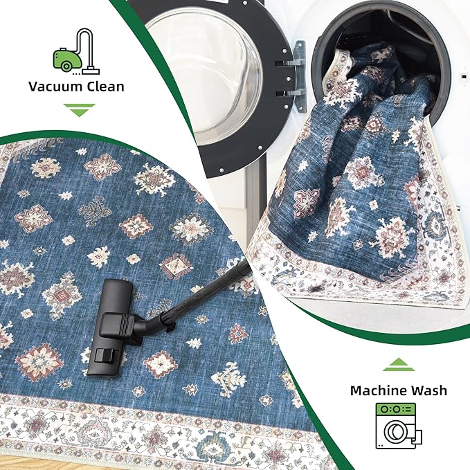 Soft Washable Faux Wool 6x9 Large Stain Resistant Rug Rubber Non-Slip Backing for Hallway Kitchen Bathroom Living Room Bedroom Indoor Doormat Dining Room Carpet Mat (Navy Blue, 6' x 9')