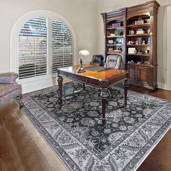 Area Rugs for Living Room, Washable 5x7 Area Rug for Bedroom, Retro Floral Non-Slip Carpet for Nursery Home Office Dining Room Kitchen, Grey