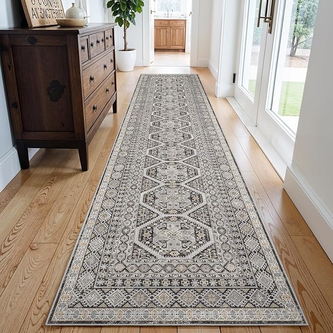 3x14 Runner Rug Kitchen Washable: Oriental Indoor Hallway Runners with Non Slip Backing Floor Mat for Entryway Door Low Pile Thin Carpet for Bedroom Bathroom Living Room Bedside Black