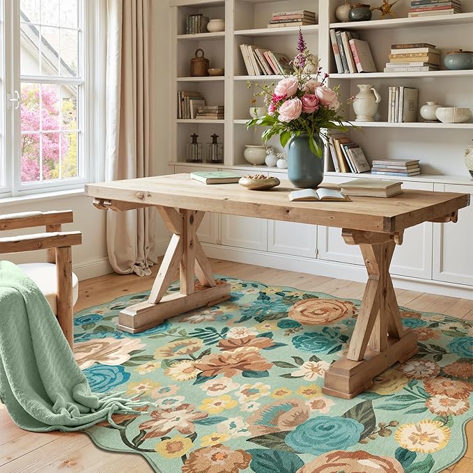 Washable Floral Area Rug 3x5 Green Office Carpet Scalloped Flower Non Slip Soft Entrance Door Mat Farmhouse Low Pile Thin Indoor Floor Cover for Kitchen Bathroom Bedroom Laundry Living Room