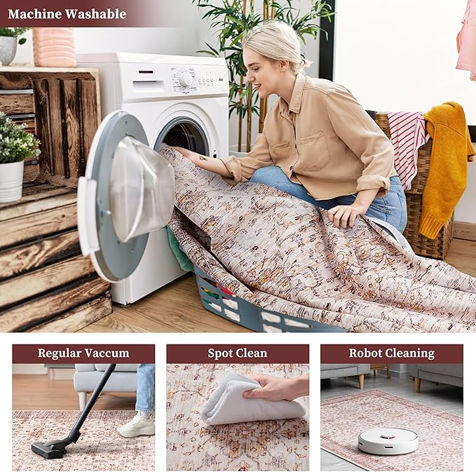 9x12 Rug, Washable Neutral Boho Modern Vintage Non Slip Floral Area Carpet, Low Pile Soft Rugs, Slip Resistance, Pet-Friendly, Durable Rug for Living Room, Bedroom, Kitchen, Dining Room