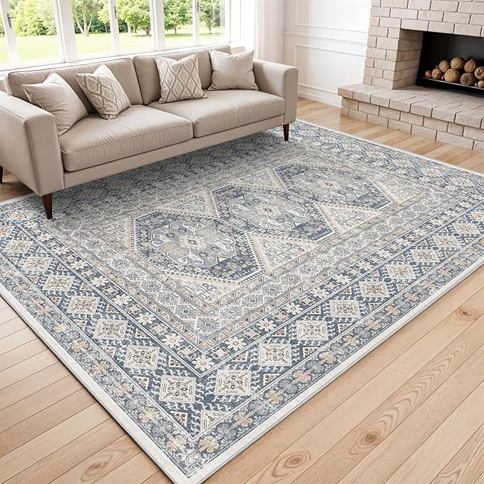 6x9 Area Rugs for Living Room:Washable Oriental Rug for Bedroom Dining Room Carpet 6 by 9 Indoor Non Slip Rubber Backing Neutral Nursery Dorm Home Office Kids 6X9 Blue