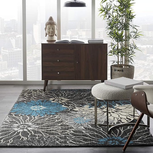 Nourison Passion Charcoal/Blue 9' x 12' Area Rug, Floral, Farmhouse, Easy Cleaning, Non Shedding, Bed Room, Living Room, Dining Room, Kitchen (9x12)
