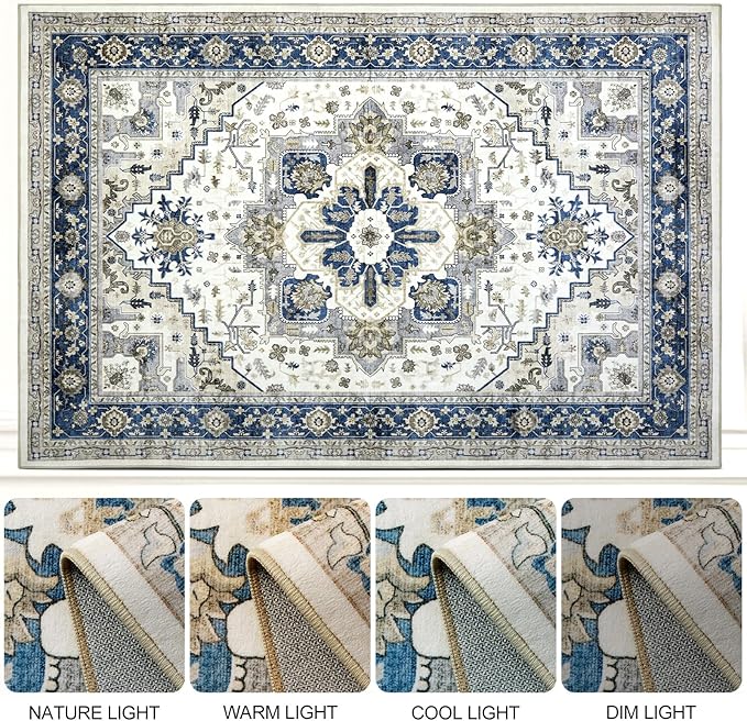 Area Rugs for Living Room 9x12 - Large Machine Washable Vintage Oriental Soft Rug, Low Pile Thin Carpet with Non Slip Backing for Bedroom, Dorm, Under Dining Room Table, Indoor House, Office Decor
