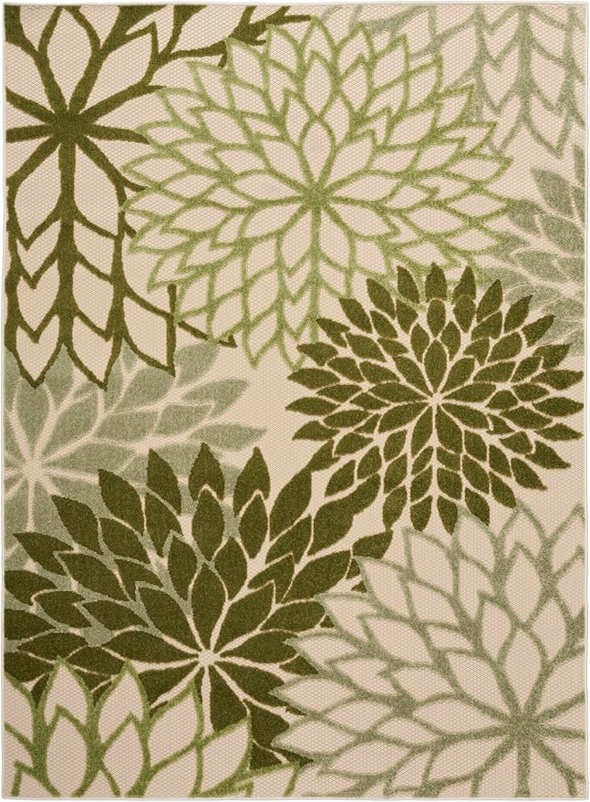 Nourison Aloha Tropical Indoor/Outdoor Ivory Green 5'3" x 7'5" Area Rug, Easy Cleaning, Non Shedding, Bed Room, Living Room, Dining Room, Backyard, Deck, Patio (5x7)