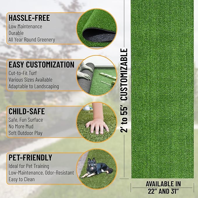Sweet Home Stores Artificial Faux Grass Runner Rug 3x23 Indoor/Outdoor with Drainage Holes, Customizable Runner Rug for Backyard, Patio, Garage Rug, 2'7" x 23'