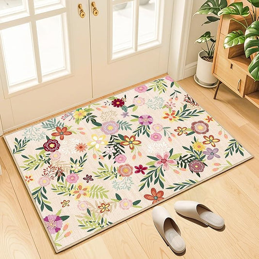 2x3 Washable Indoor Door Mat - Boho Beige Floral Rugs for Entryway, Soft Small Area Rug, Non-Slip Low-Pile Thin Door Mat for Inside Entry, Rugs for Indoor Front Entrance Kitchen Bathroom
