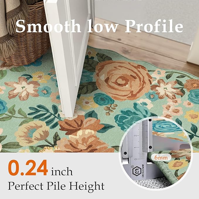 Washable Floral Area Rug 2x3 Green Small Entryway Carpet Scalloped Flower Non Slip Soft Entrance Door Mat Farmhouse Low Pile Indoor Thin Floor Cover for Bathroom Kitchen Bedroom Laundry Room