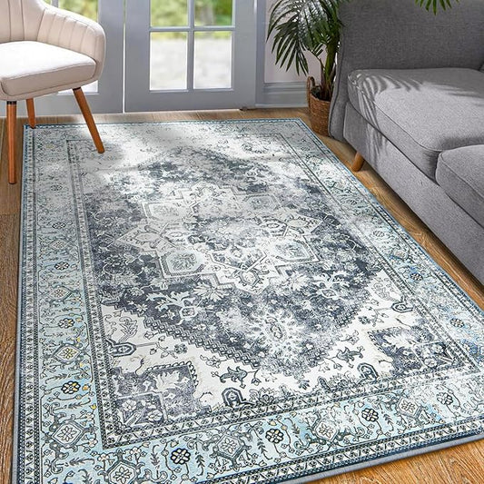 YJ.GWL Large Area Rug for Living Room, 5x7 Machine Washable Boho Rug for Bedroom, Low Pile Lightweight Thin Rugs Floral Vintage Distress Print Pattern Carpet for Dining Room, Blue/Grey