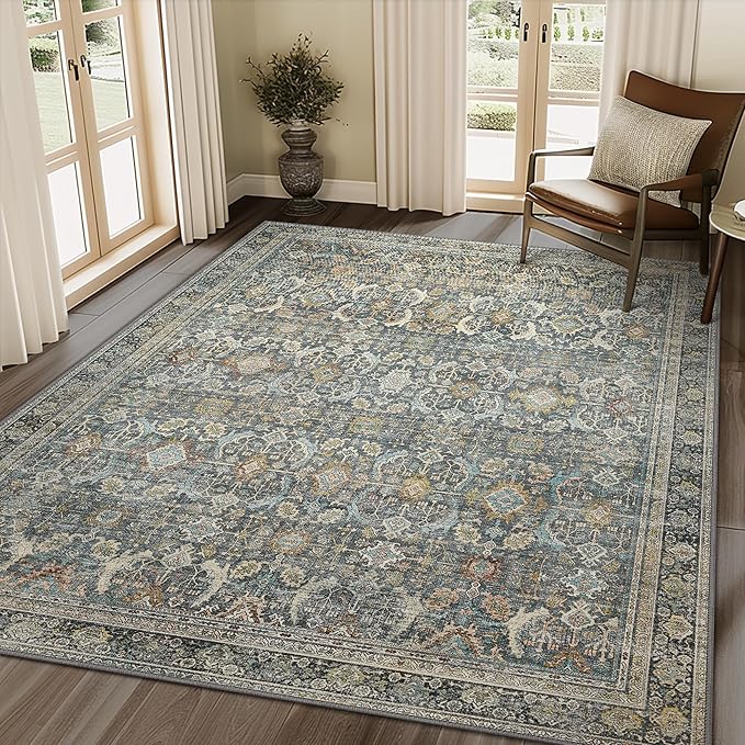 10X12 Area Rugs Machine Washable Rugs for Living Room, Vintage Boho Large Rugs for Bedroom Dining Room, Non Slip Indoor Soft Distressed Lightweight Thin Low Pile Carpet, Terracotta