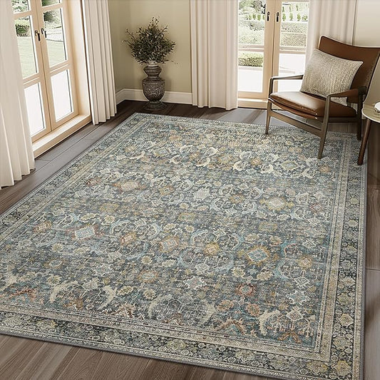 10X12 Area Rugs Machine Washable Rugs for Living Room, Vintage Boho Large Rugs for Bedroom Dining Room, Non Slip Indoor Soft Distressed Lightweight Thin Low Pile Carpet, Terracotta