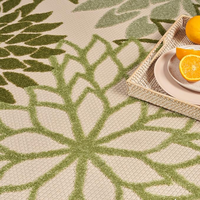 Nourison Aloha Indoor-Outdoor Ivory Green 9' x 12' Area Rug, Easy Cleaning, Non Shedding, Bed Room, Living Room, Dining Room, Backyard, Patio, Deck (9x12)