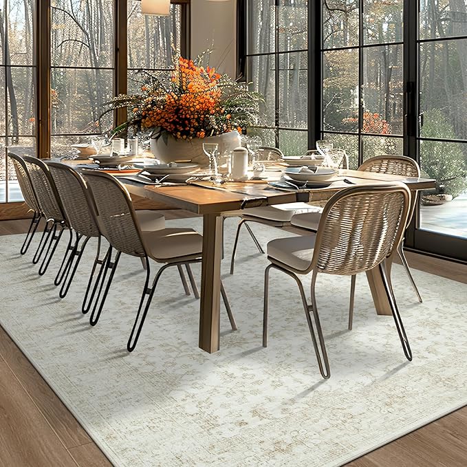 6x9 Area Rugs Washable Rug, Soft Vintage Living Room Rug with Anti-Skid Backing Stain Resistant Thin Indoor Carpet Large Area Rug for Bedroom Under Dining Room Table Nursery Entryway-Light Beige