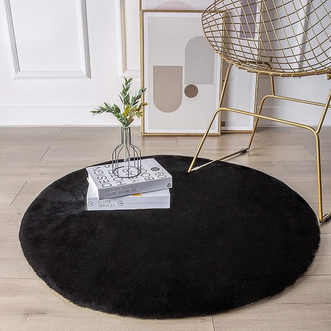 Ashler HOME DECO Ultra Soft Faux Rabbit Fur Chair Couch Cover Area Rug for Bedroom Floor Sofa Living Room Black Round 3 x 3 Feet