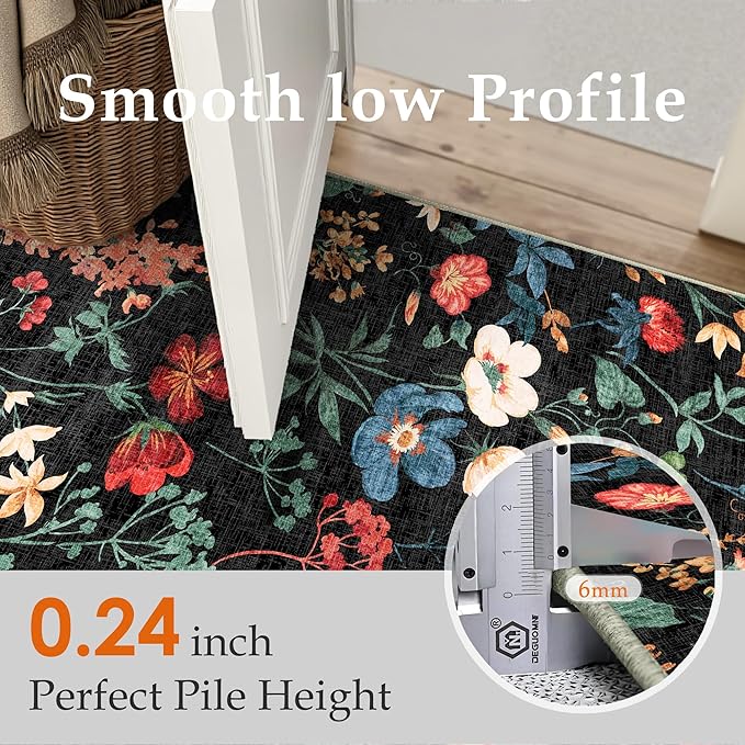 Black Area Rug 8x10 Floral Washable Living Room Kitchen Boho Carpet Non Slip Low Pile Indoor Accent Lightweight Soft Throw Rug for Bedroom Office Dining Room Nursery Farmhouse
