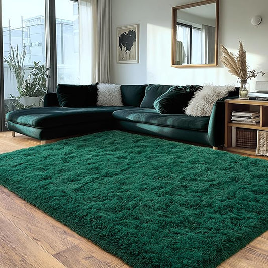 Green Fluffy Rug for Bedroom 6x9 ft - Ultra Soft & Non Slip Shaggy Area Rug, Comfy Durable Carpet for Living Room Kids Room Teens Dorm Home Decor, 1.7'' Thick Indoor Plush Carpets