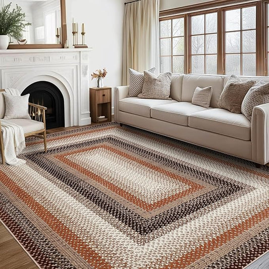 Imitation Braided Collection-Print Large Living Room Rugs 10x13 Washable Area Rug with Non-Slip Backing, Contemporary Bordered Accent Carpet, Farmhouse Low Pile Indoor Mat for Bedroom