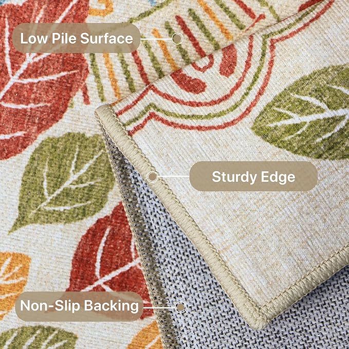 Bavni 5x7 Area Rugs, Floral Machine Washable Rug Non Slip, Modern Printed Thin Living Room Rugs, Stain Resistant Rugs for Bedroom, Dining Room, Beige Red