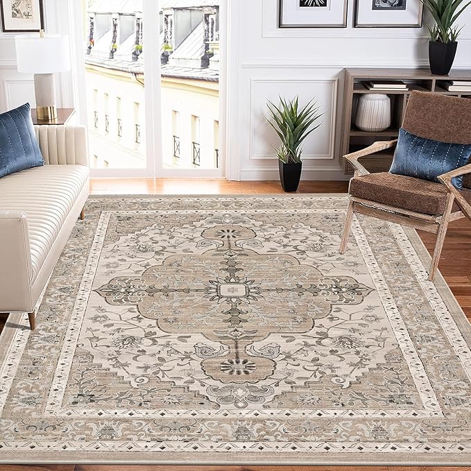 U'Artlines Boho Vintage Area Rug 5x7 Machine Washable Low Pile Soft Floor Carpet Non Slip Non Shedding Accent Rug for Living Room Bedroom Entryway Dining Room Office Beige＆Brown