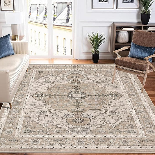 U'Artlines Boho Vintage Area Rug 5x7 Machine Washable Low Pile Soft Floor Carpet Non Slip Non Shedding Accent Rug for Living Room Bedroom Entryway Dining Room Office Beige＆Brown