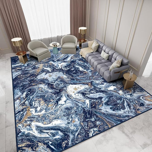 Washable Area Rug 9x12 - Artistic Style Modern Rug for Living Room Bedroom Dining Room, Soft Low Pile Machine Washable Carpet, Non Slip Non Shedding Area Rug - Dark Blue/Gold, 9'x12'