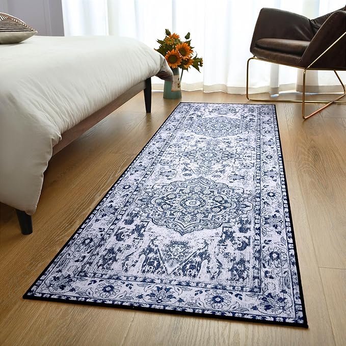 YJ.GWL Area Rug 2x6, Machine Washable Hallway Runner Rug, Boho Floral Vintage Distress Print Pattern Carpet, Low Pile Lightweight Thin Rugs for Entryway, Kitchen and Corridor, Blue/White