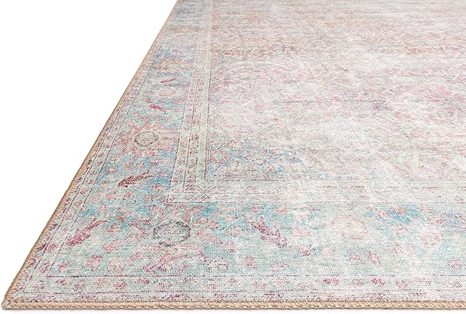 Loloi II Wynter Collection WYN-04 Red/Teal 7'-6" x 9'-6", .13" Thick, Area Rug, Soft, Durable, Printed, Vintage Inspired, Low Pile, Non-Shedding, Easy Clean, Living Room Rug
