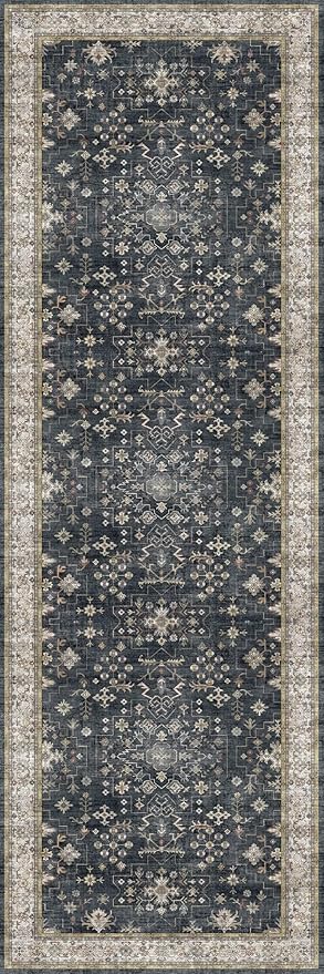 Black Boho Washable 2x6 Runner Rugs for Hallway Kitchen Bedroom Beside Laundry Room Bathroom Rug, Pet & Kids Friendly, Non Slip Low Pile Stain Resistant Soft Faux Wool Long 24 x 72 Floor Carpet