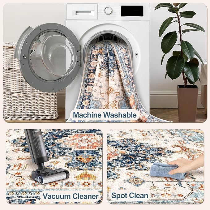 2x10 Washable Runner Rug for Hallways, Non Slip Vintage Runner Rug, Soft Low Pile Long, Print Distressed Blue/Orange Carpet Runners for Kitchen Bedroom Entryway Bathroom Living Room