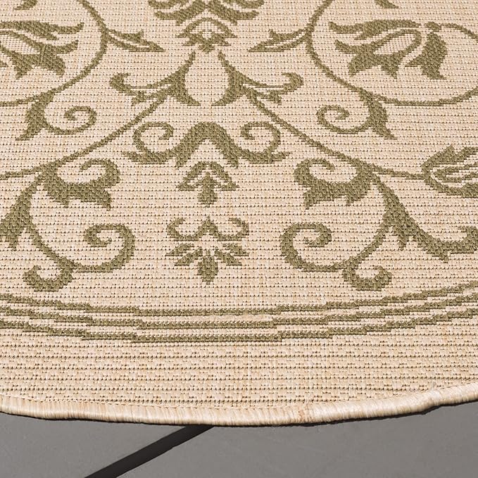 SAFAVIEH Courtyard Collection Area Rug - 5'3" Round, Natural & Olive, Scroll Design, Non-Shedding & Easy Care, Indoor/Outdoor & Washable-Ideal for Patio, Backyard, Mudroom (CY2098-1E01)
