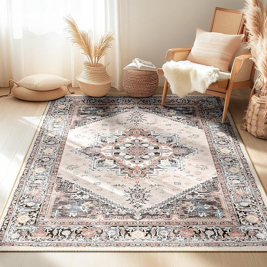 BESTSWEETIE 4x6 Area Rugs for Living Room Washable Non Slip Carpet Low Pile Soft Vintage Print Pattern Rug for Bedroom Dining Room Kitchen Entryway Indoor-Khaki/Beige/Purple/Black/Brick