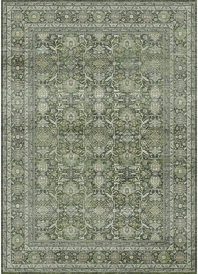 Vintage Area Rug 4x6 Green Entryway Office Washable Carpet Non Slip Bedroom Indoor Living Room Door Mat Low Pile Traditional Distressed Retro Accent Rug for Dining Room Bathroom Kitchen