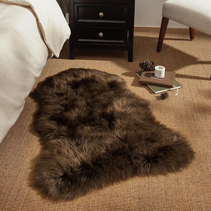 Ashler Faux Fur Rug, Fluffy Shaggy Area Rug, Ultra Soft 2 x 3 Feet Sheepskin Fur, Dark Coffee Fuzzy Machine Washable Shag, Nursery Decor Throw for Bedroom, Living Room, Kids Room