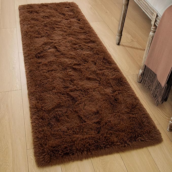 Tepook Soft Runner Rugs for Bedroom 2x6 ft with Rubber Backing, Brown Fluffy Rugs for Living Room, Shag Bedside Rug Fuzzy Plush Carpet for Room, Area Rug for Dorm Nursery Hallway Indoor Home Decor