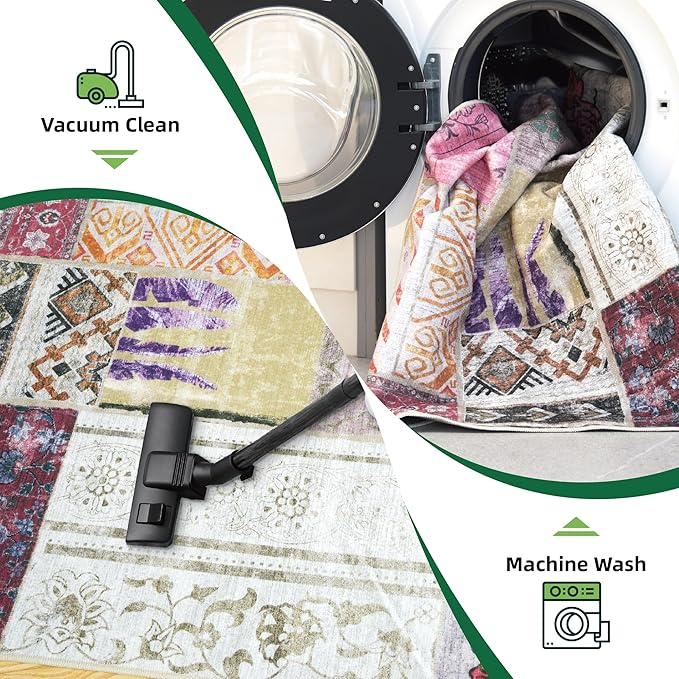 Washable Patchwork Runner Rug with Faux Wool Fabric and Non-Slip Backing for Living Room, Bedroom, Hallway, Printed Boho Floor Decoration Stain-Resistant Foldable Mat (Multi, 2'6" x 10')