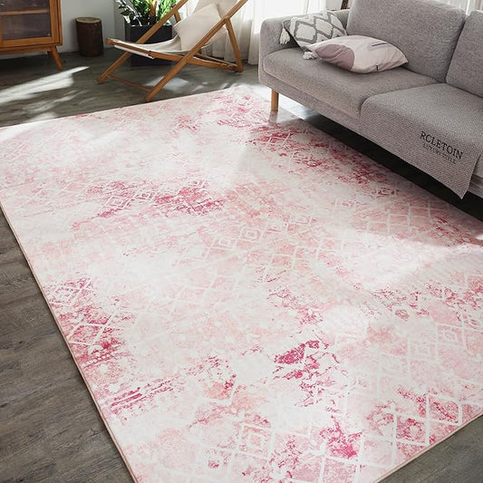 Carvapet Boho Rugs for Living Room, Moroccan Pink Low Pile Small Carpet with Rubber Backing, Foldable, Non Slip Machine Washable (5 x 3 Feet Rectangular, Pink Area Rug)