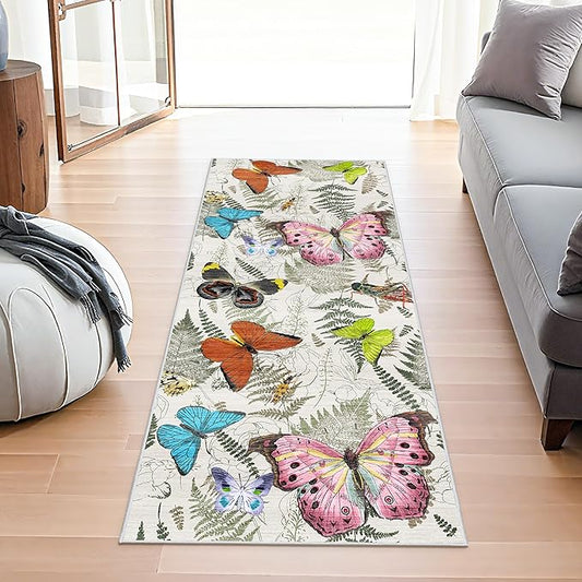 RUUGME Washable 2x5 Runner Rug - Boho Rugs for Living Room Kitchen Stain Resistant Carpet Vintage Tribal Rugs for Bedroom Bathroom with Non Slip Backing Floor Decoration Mat 2x5 Butterfly Beige