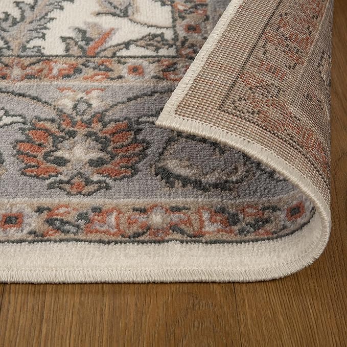 Superior Indoor Area Rug, with Jute Backing, Chic Bordered Floor Decor for Living Room, Bedroom, Office, Entryway, Kitchen, Dining, Floral Design, Lille Collection, 5' x 8', Salmon