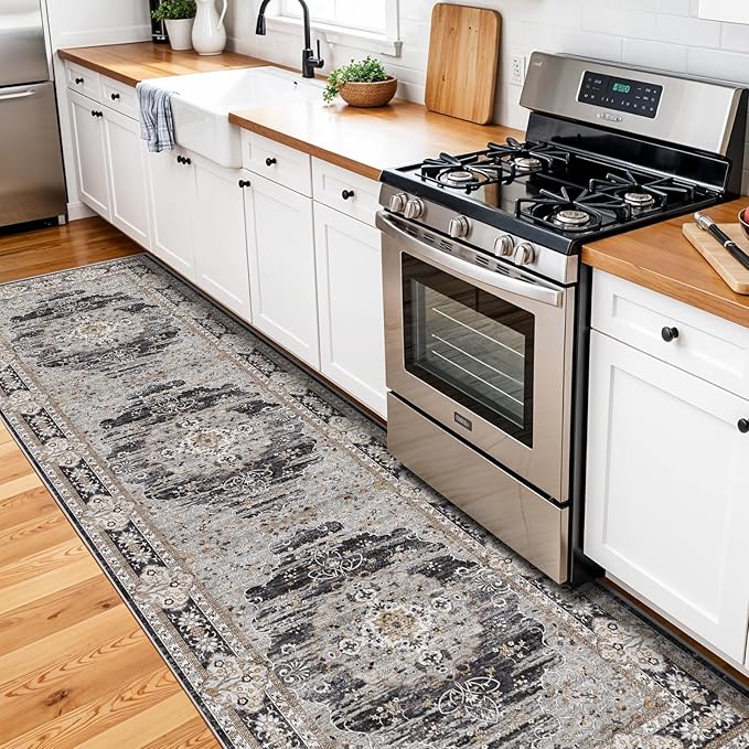 3x10 Runner Rug for Hallway Washable: Non Slip Kitchen Rugs with Rubber Backing Soft Waterproof Mats Stain Resistant Indoor Vintage Carpet Runner for Bedroom Bathroom Laundry Entryway Black/Gray